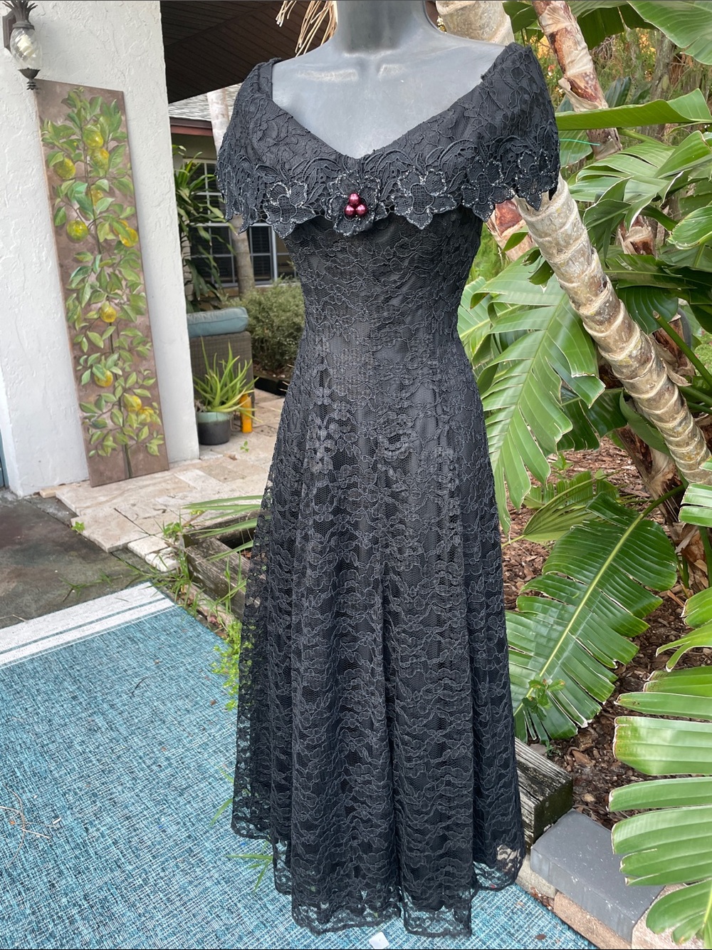 lace vintage off the shoulder, midi dress with purple pearl beating